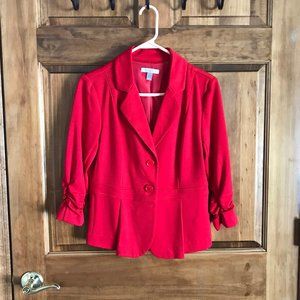 ROZ & ALI RED WOMEN'S JACKET, BLAZER WITH 3/4 SCRUNCH SLEEVES,  SIZE SMALL, EUC